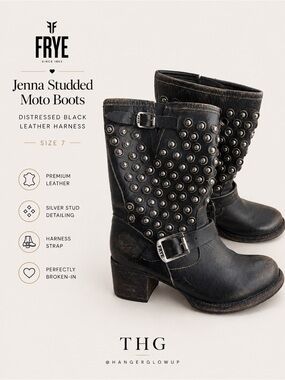 FRYE Jenna Studded Moto Boots Distressed Black Leather Harness Sz 7